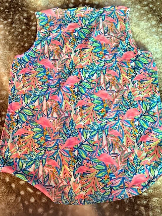 Lulu-B Sleeveless Blouse Bundle L Teal V Neck + Pink Flamingo Tropical - Picture 9 of 9
